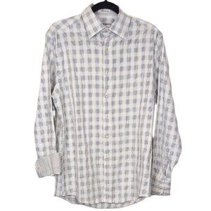 Jhane Barnes Button Down Shirt Checkered Plaid Cotton Flip Convertible Cuffs